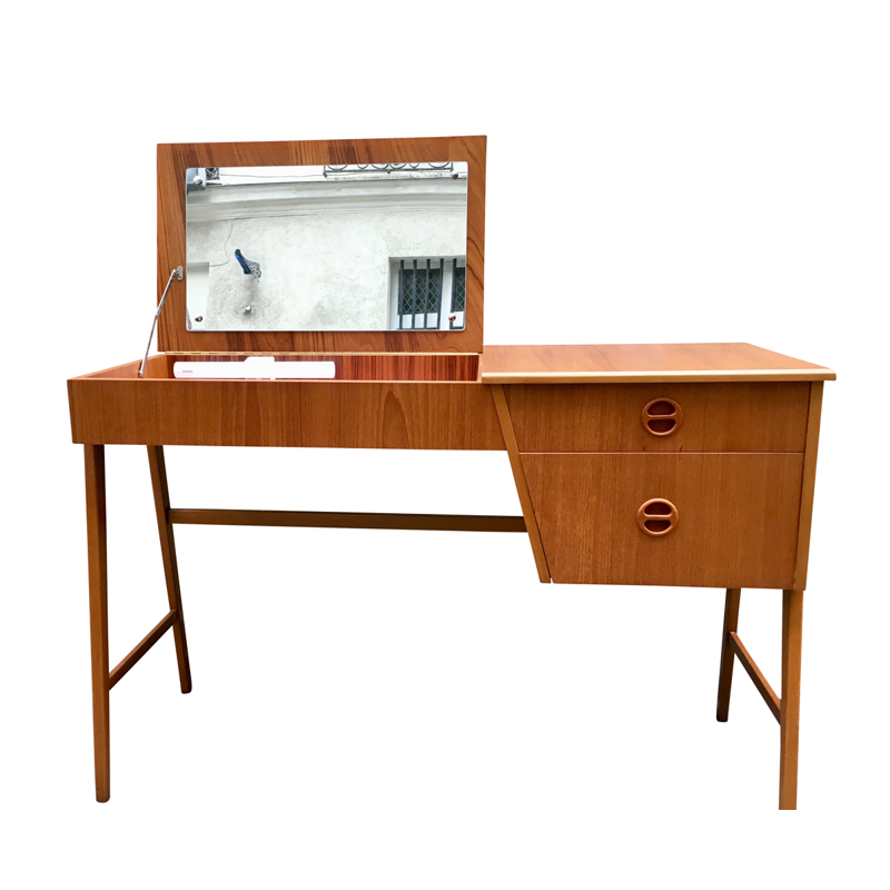 Vintage teak dressing table with lamp and mirror - 1960s