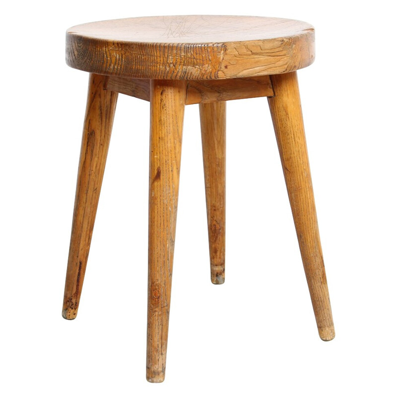 Stool in solid pine, Pierre JEANNERET -  1960s