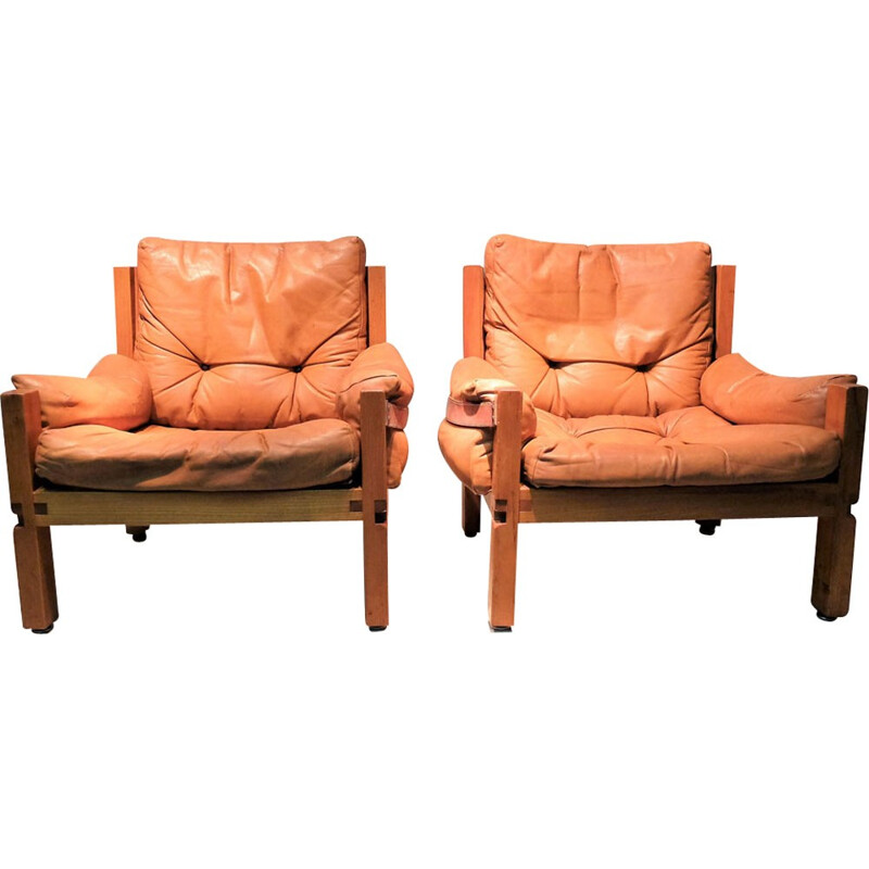 Pair of brown armchairs "S15" by Pierre Chapo - 1970s