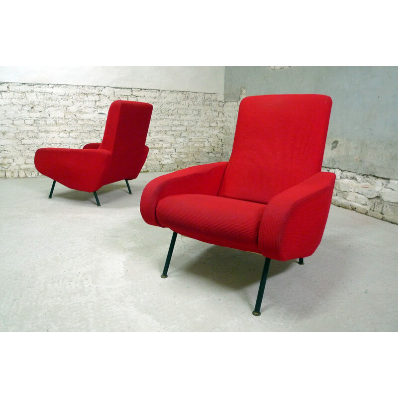 Paire de fauteuils Troïka rouges de Pierre GUARICHE - 1950