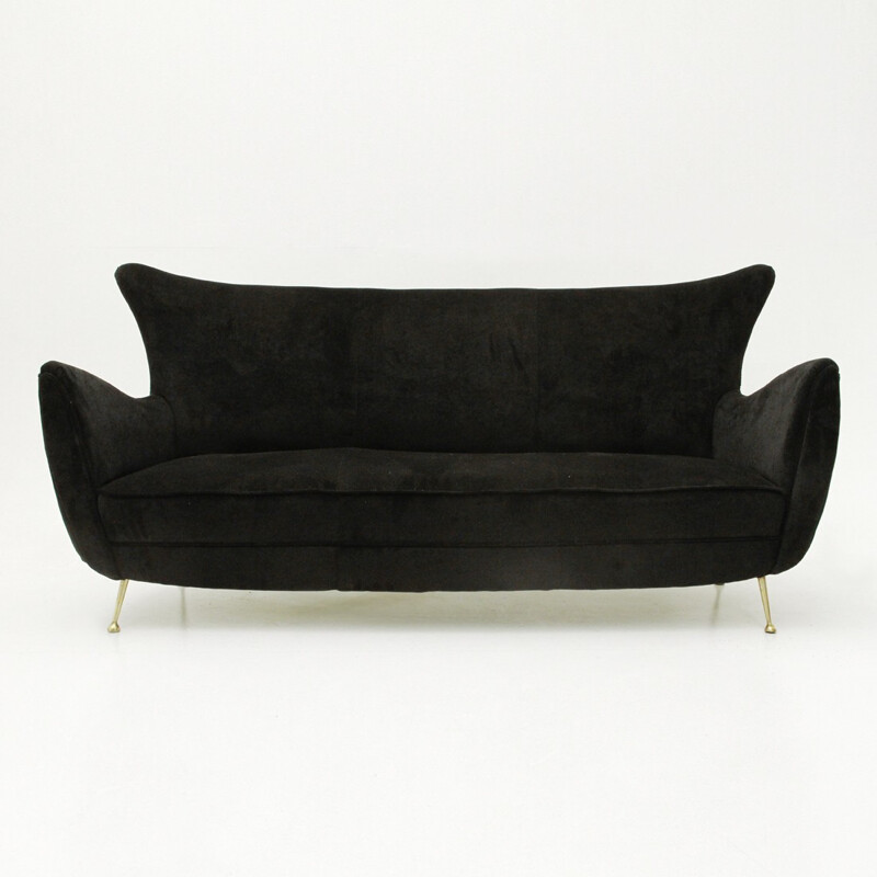 Italian 3-Seater black velvet sofa with brass legs - 1950s