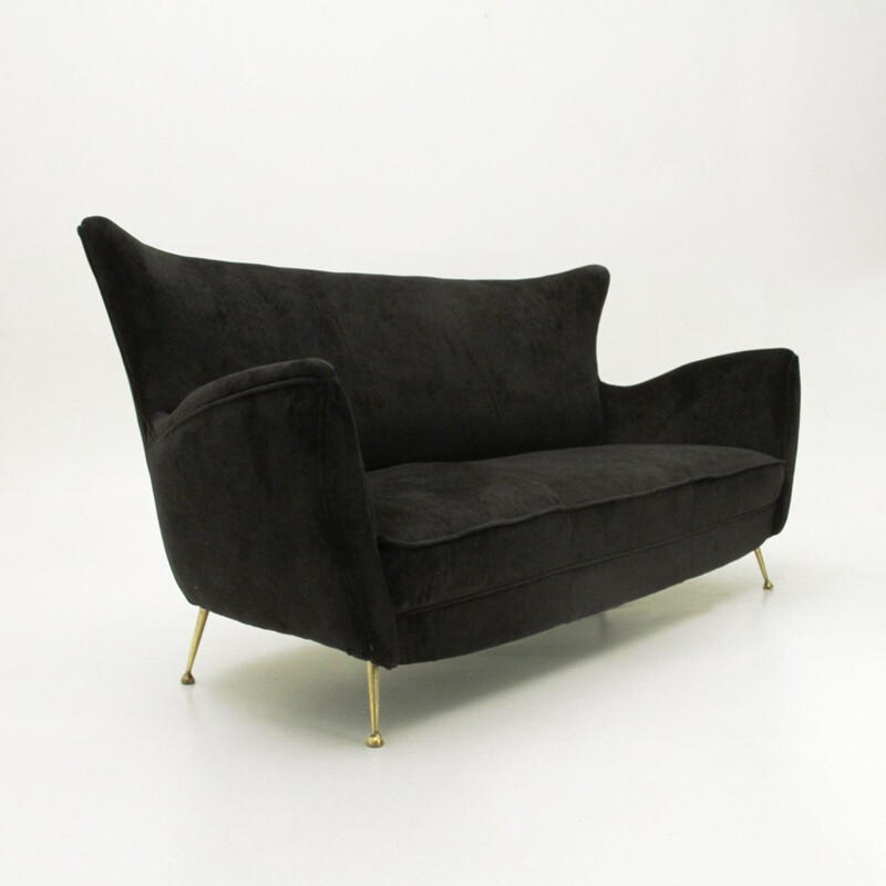 Italian 3-Seater black velvet sofa with brass legs - 1950s