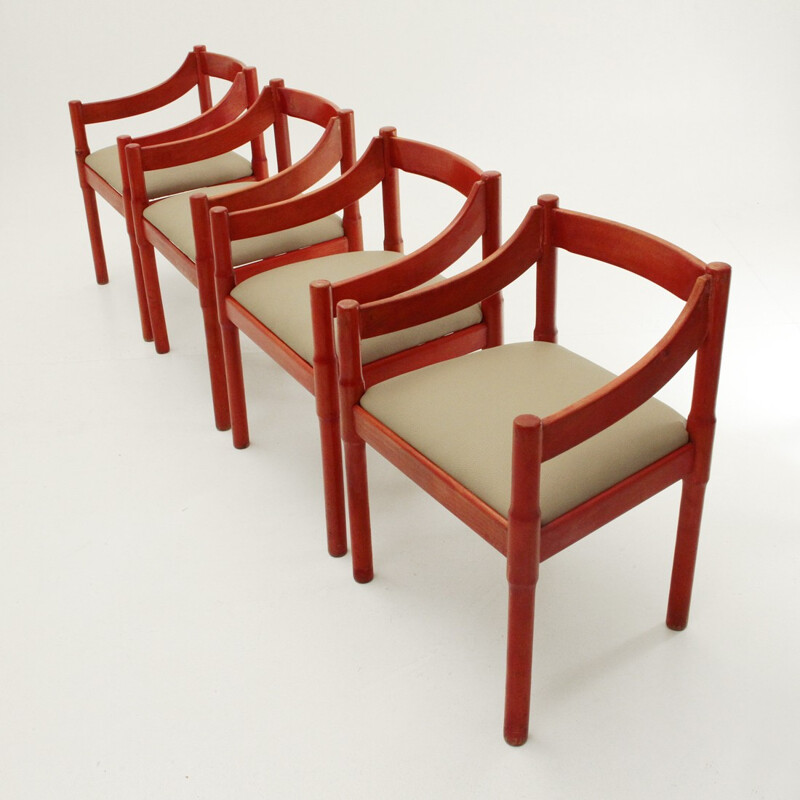 4 Red Carimate chairs by Vico Magistretti for Cassina - 1960s