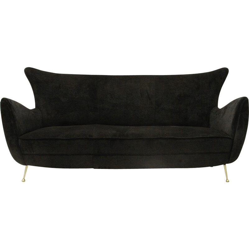 Italian 3-Seater black velvet sofa with brass legs - 1950s