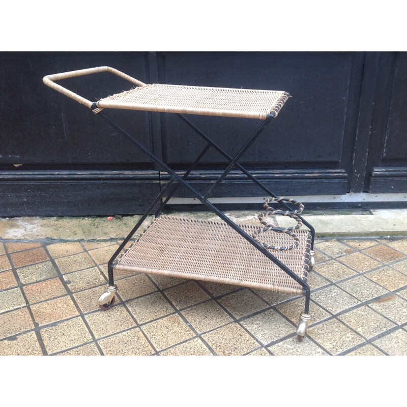 Vintage wicker serving cart - 1950s