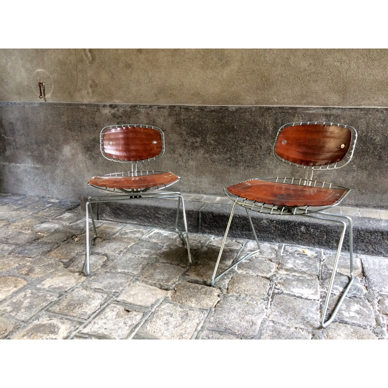 Paire de chaises "Beaubourg" en cuir et métal, Michel CADESTIN - années 70