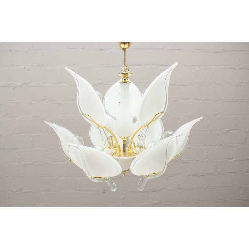 Vintage murano glass chandelier with 9 golden leaves, Italy 1970