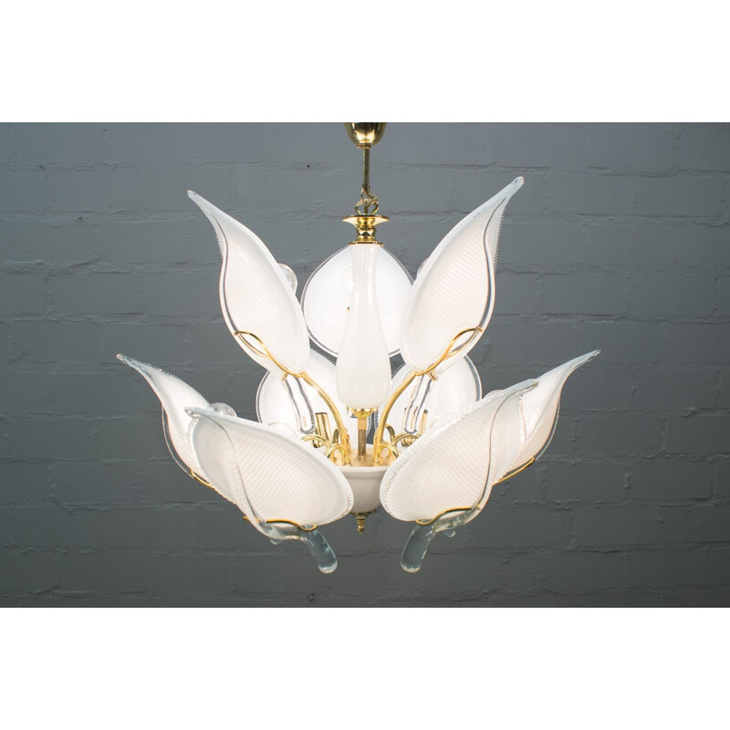 Vintage murano glass chandelier with 9 golden leaves, Italy 1970