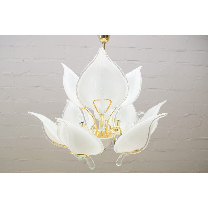 Vintage murano glass chandelier with 9 golden leaves, Italy 1970
