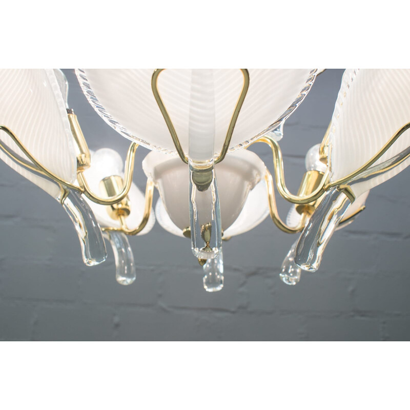 Vintage murano glass chandelier with 9 golden leaves, Italy 1970