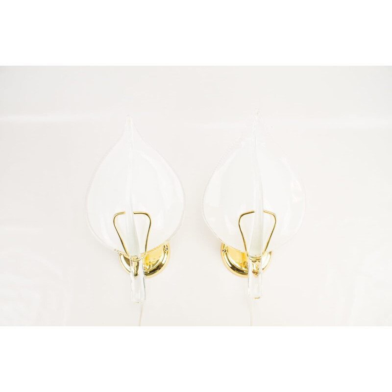 Pair of vintage wall lamps in gilded murano glass leaves, Italy 1970