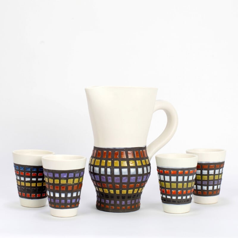 Pitcher and 4 ceramic goblets by Roger Capron Vallauris - 1950s