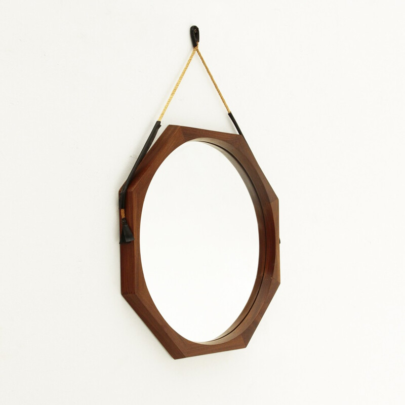 Italian octagonal teak frame mirror - 1960s