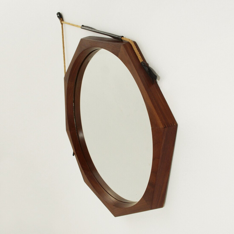 Italian octagonal teak frame mirror - 1960s