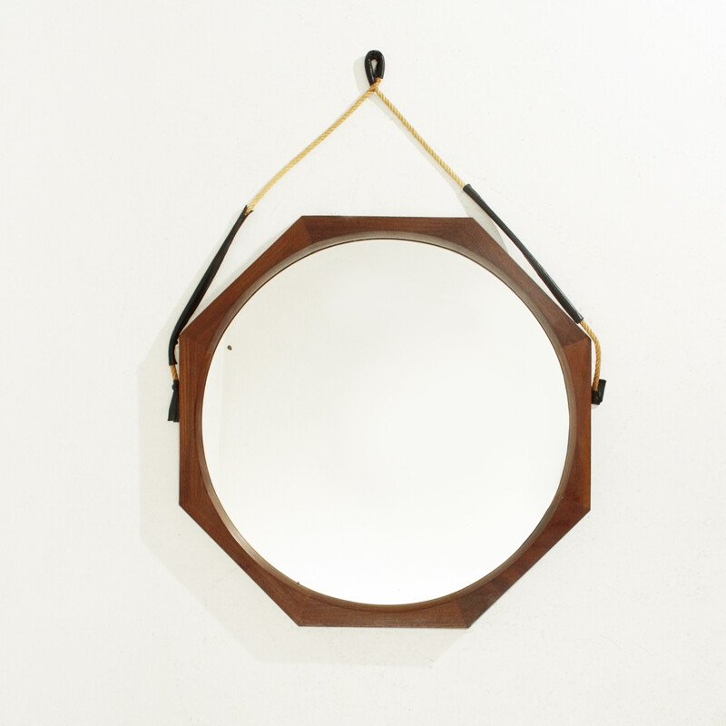 Italian octagonal teak frame mirror - 1960s