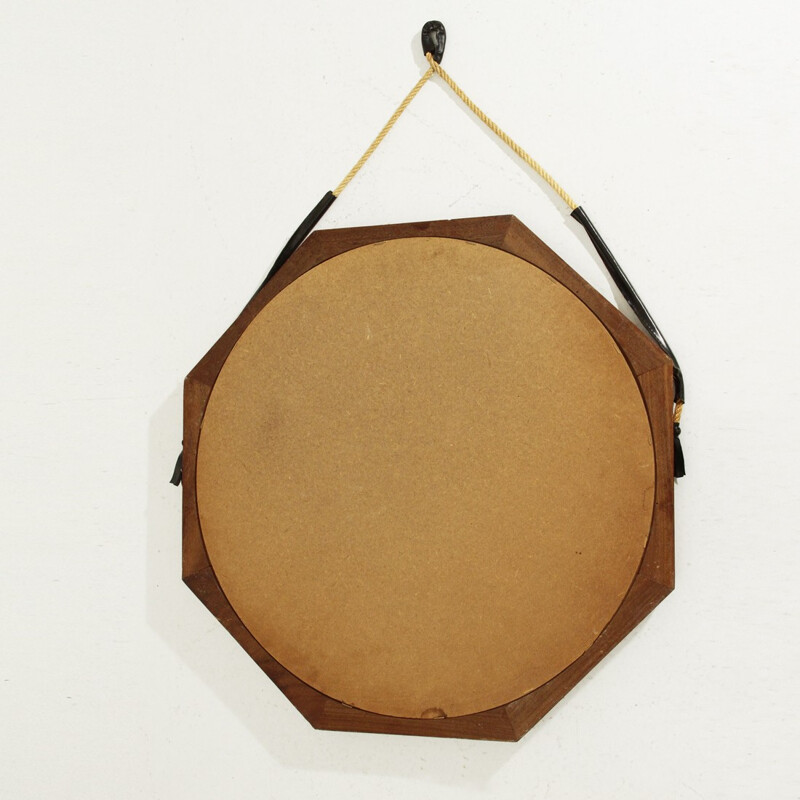 Italian octagonal teak frame mirror - 1960s