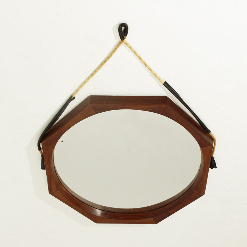 Italian octagonal teak frame mirror - 1960s