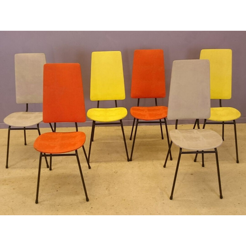 Set of 6 mid-century multicolored Hitier chairs - 1950s