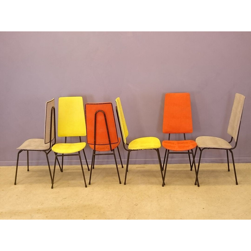 Set of 6 mid-century multicolored Hitier chairs - 1950s