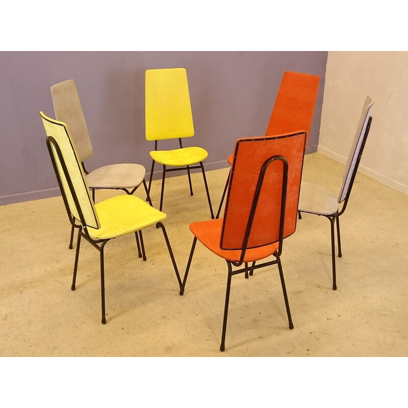 Suite de 6 chaises vintage multicolore Hitier - 1950