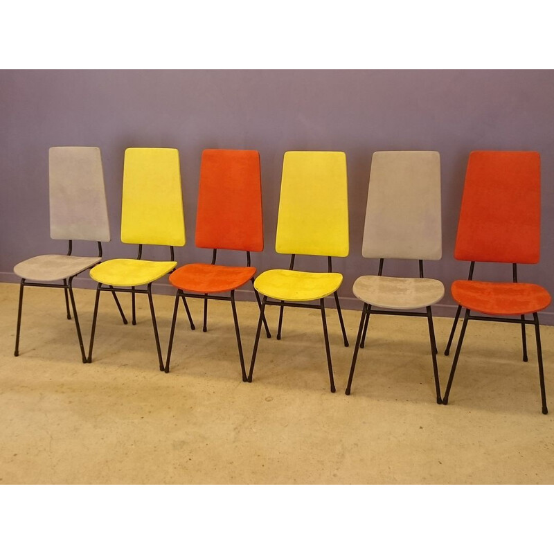 Set of 6 mid-century multicolored Hitier chairs - 1950s