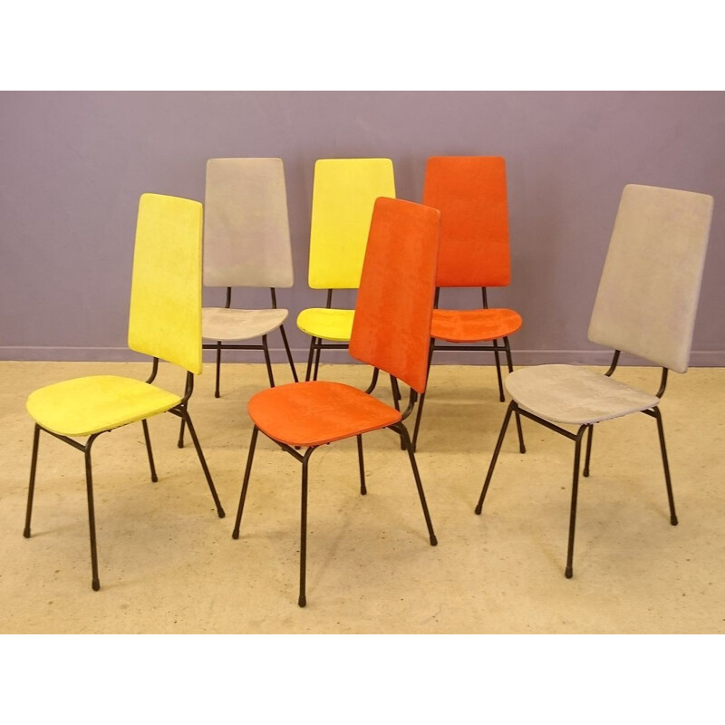 Set of 6 mid-century multicolored Hitier chairs - 1950s