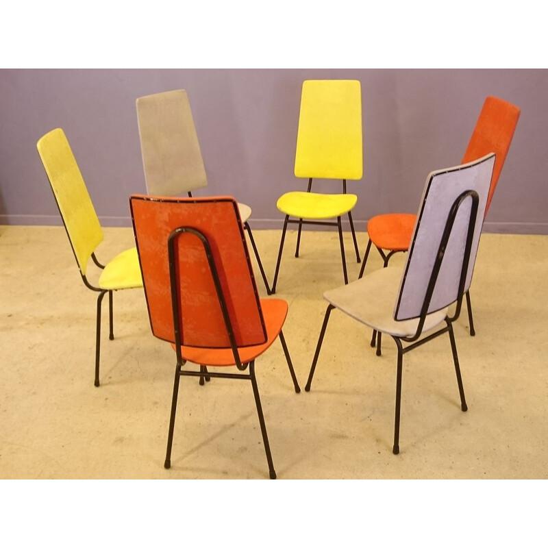 Set of 6 mid-century multicolored Hitier chairs - 1950s