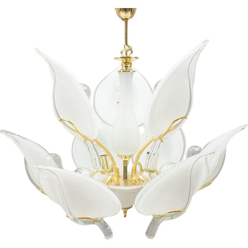 Vintage murano glass chandelier with 9 golden leaves, Italy 1970