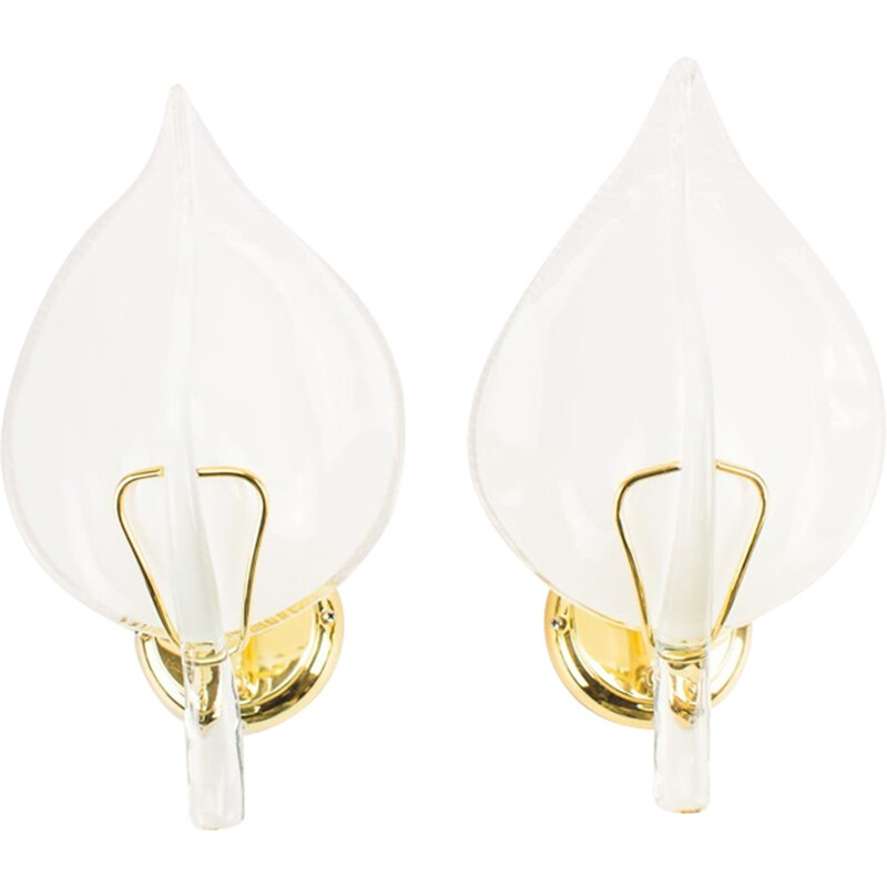 Pair of vintage wall lamps in gilded murano glass leaves, Italy 1970