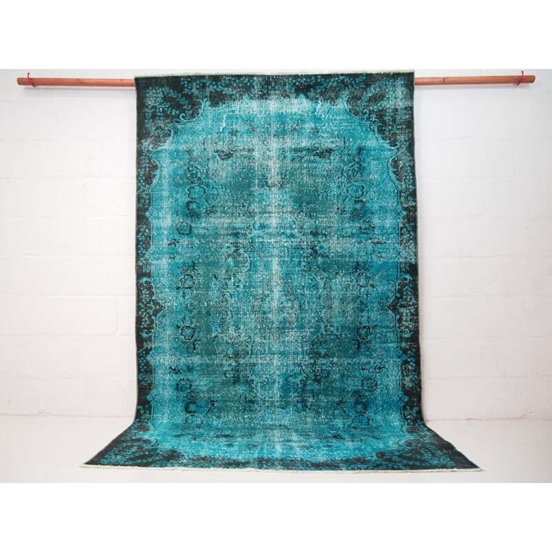 Black and teal over dyed vintage turkish rug - 1950s