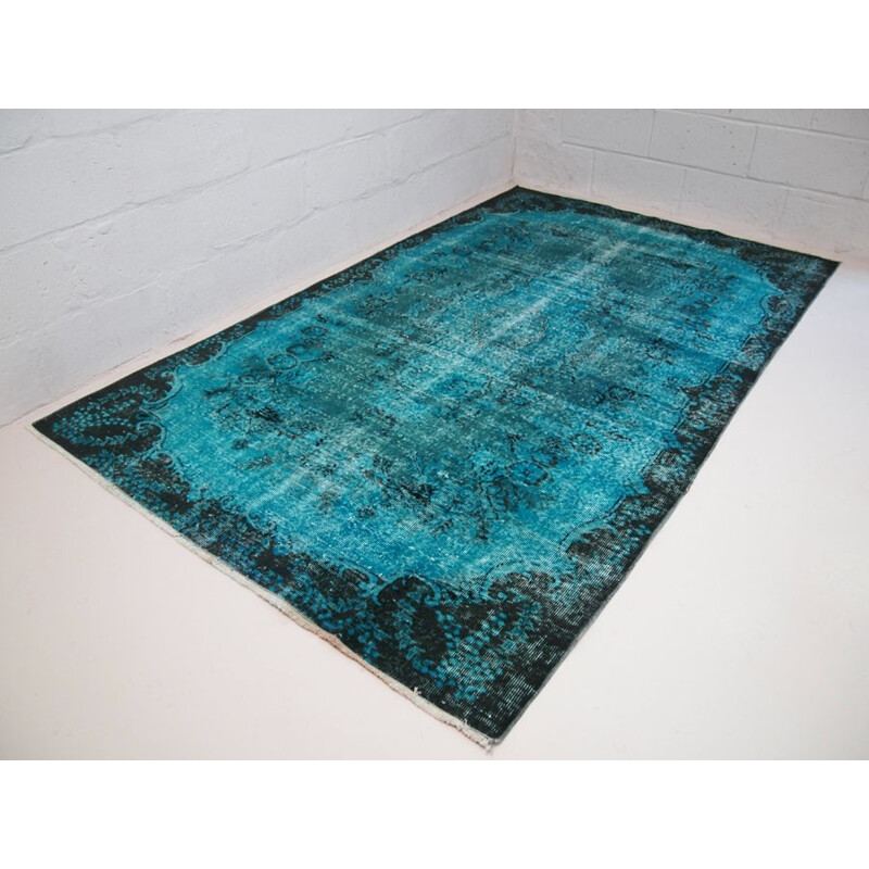 Black and teal over dyed vintage turkish rug - 1950s