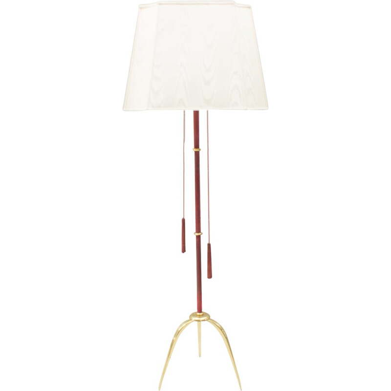 Lampada a treppiede d'epoca in ottone e pelle, 1950