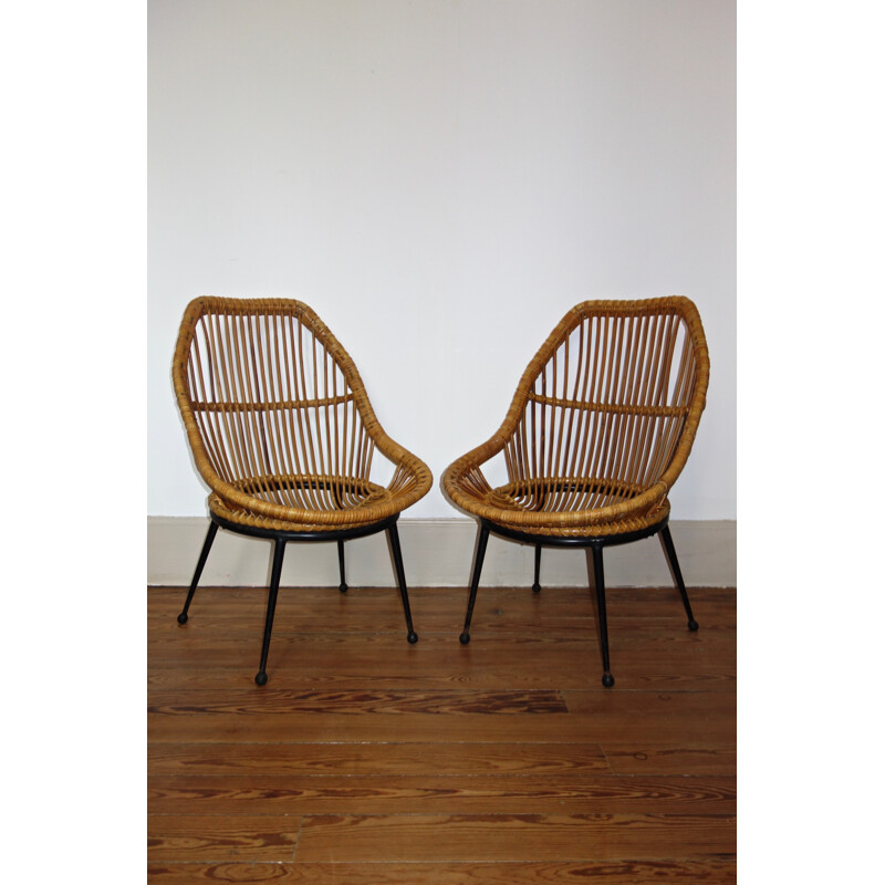 Paire de fauteuils vintage en rotin - 1950