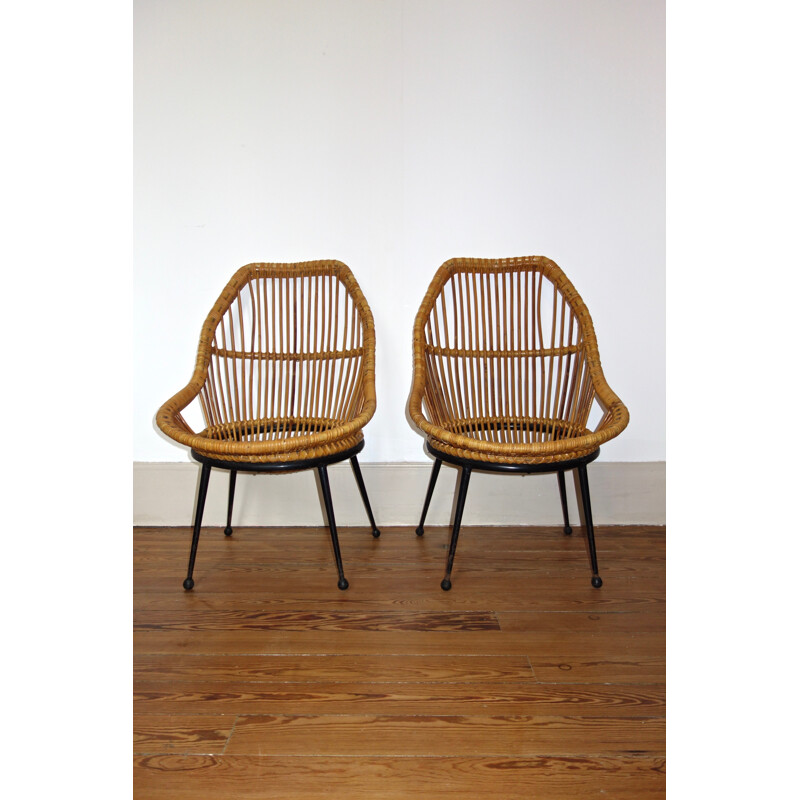 Vintage pair of rattan armchairs - 1950s