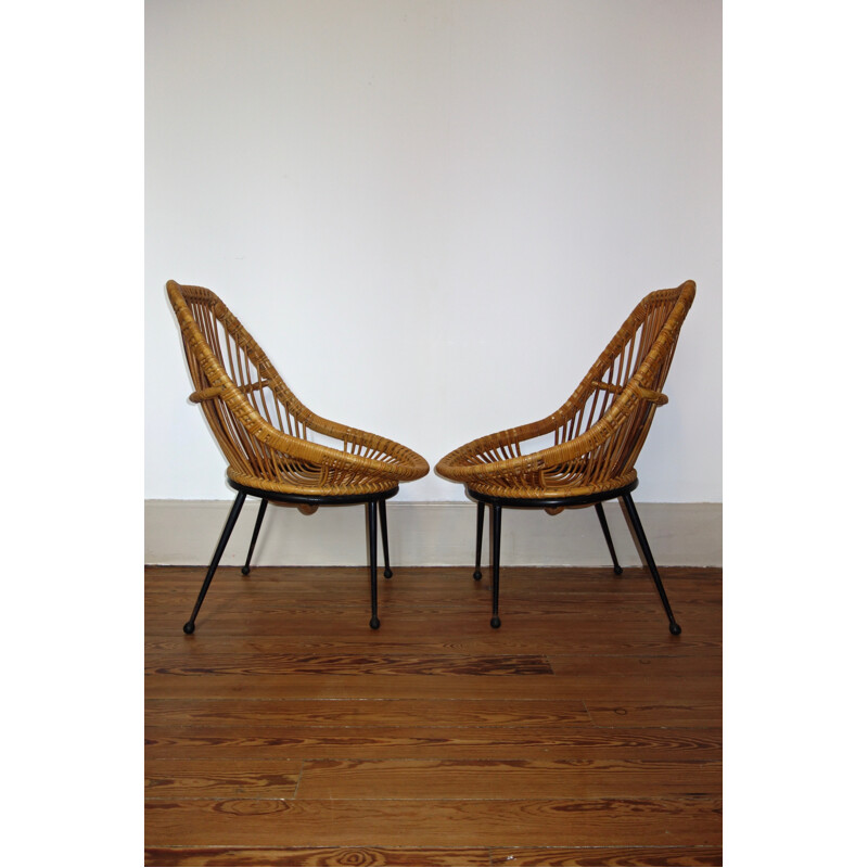 Paire de fauteuils vintage en rotin - 1950