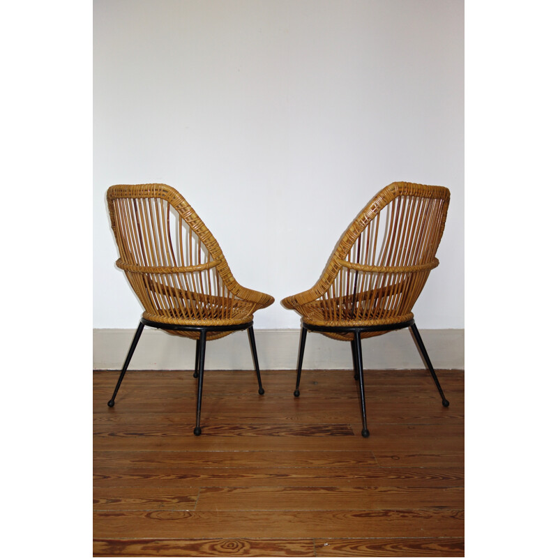 Vintage pair of rattan armchairs - 1950s