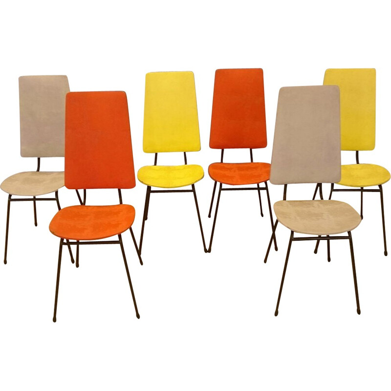 Suite de 6 chaises vintage multicolore Hitier - 1950