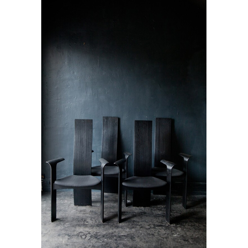 Mid-century set of 4 black chairs in oak, Bob VAN DEN BERGHE - 1980s