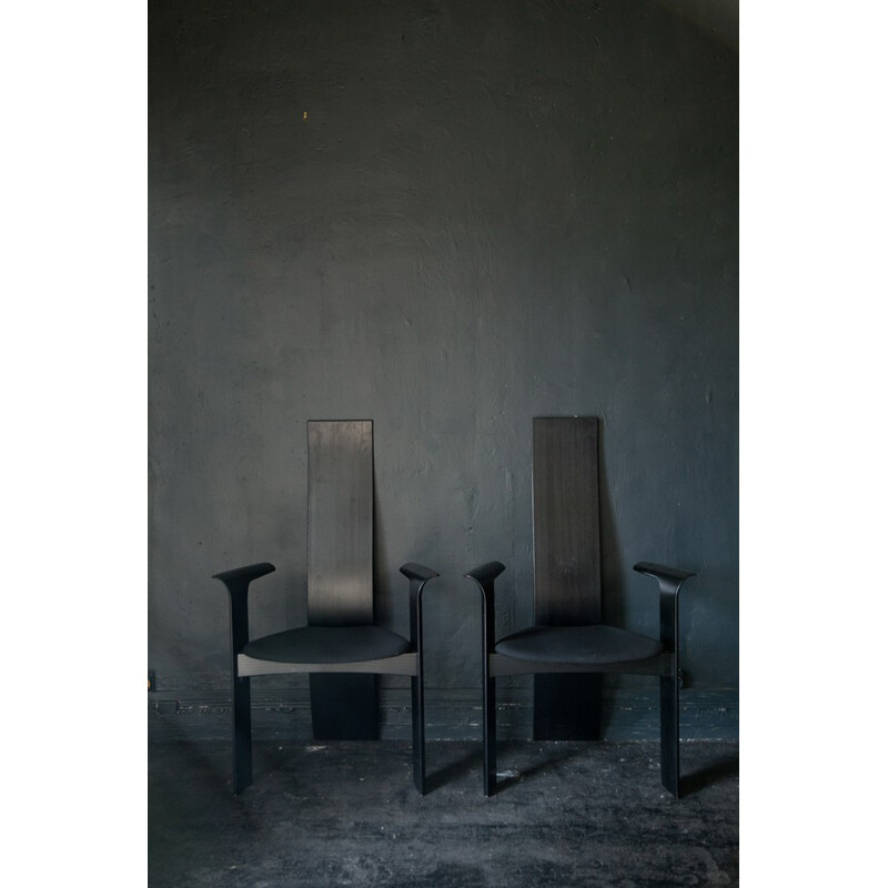 Mid-century set of 4 black chairs in oak, Bob VAN DEN BERGHE - 1980s