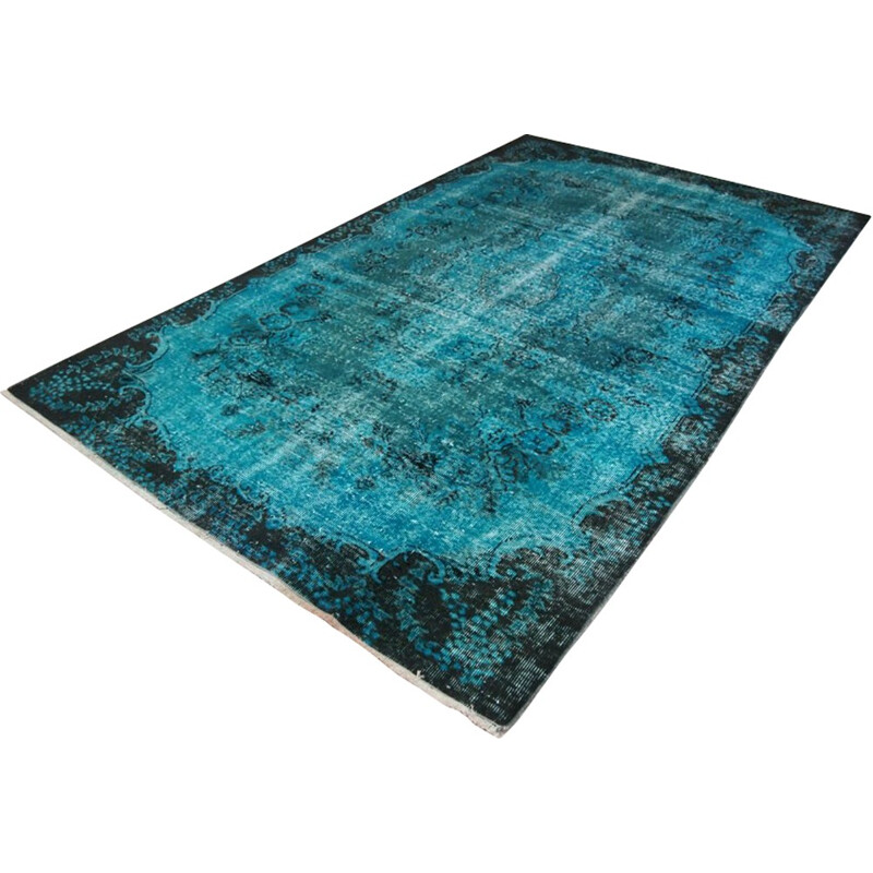 Black and teal over dyed vintage turkish rug - 1950s