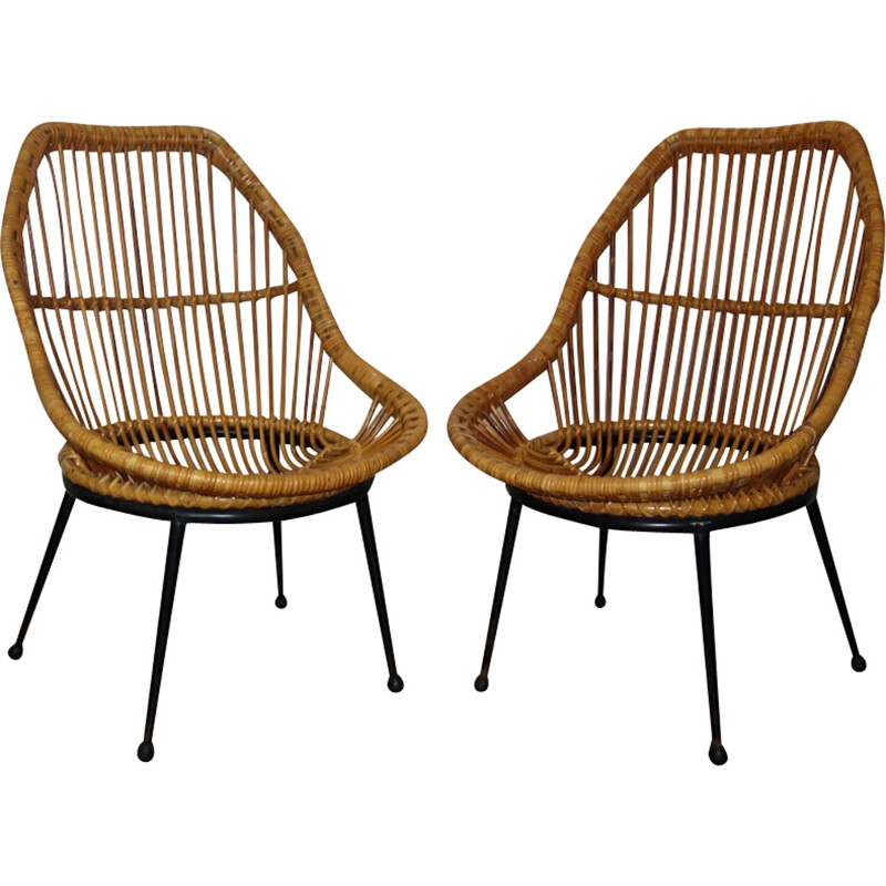 Paire de fauteuils vintage en rotin - 1950