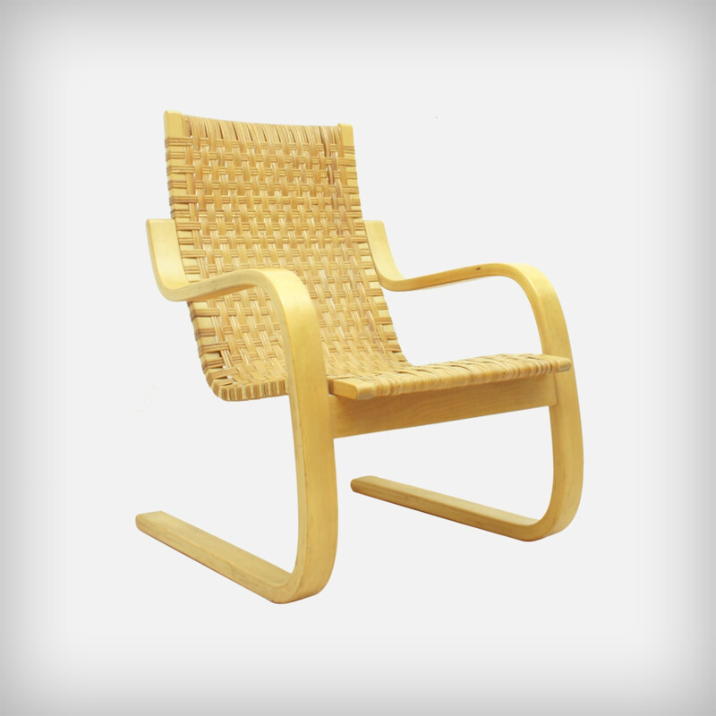 Finnish Birch & Cane Webbing Cantilever Armchair Model 406 by Alvar Aalto for Artek - 1960s