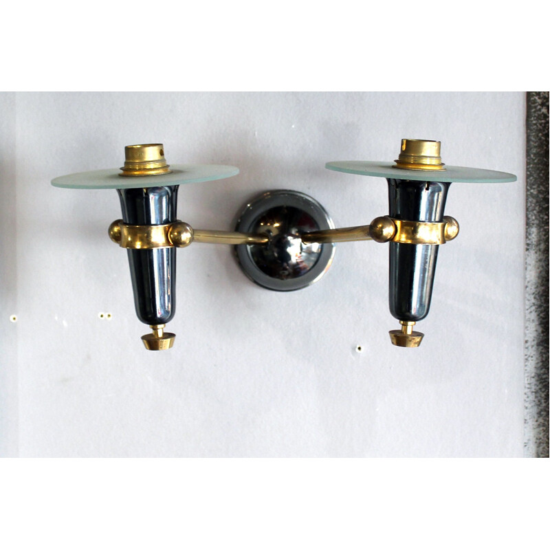 Series of vintage patina sconces in gunmetal and gilt brass, 1960