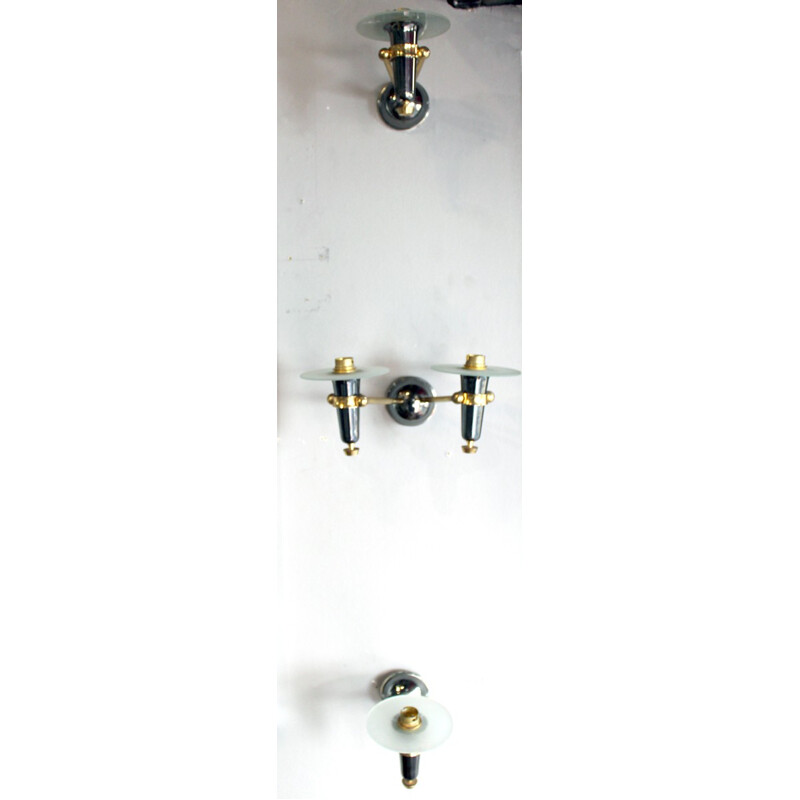 Series of vintage patina sconces in gunmetal and gilt brass, 1960