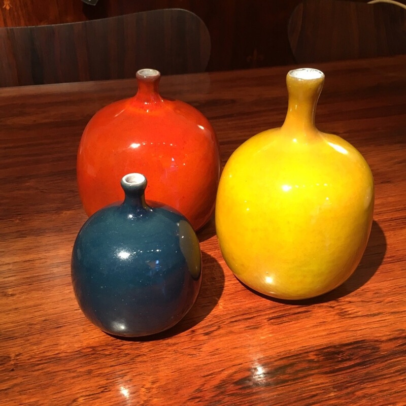 Set of 3 orange Ruelland ceramics - 1950s