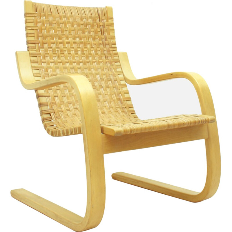 Finnish Birch & Cane Webbing Cantilever Armchair Model 406 by Alvar Aalto for Artek - 1960s