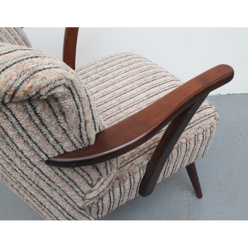 Cadeira de braços Vintage em autêntico tecido cinzento- bege, 1950