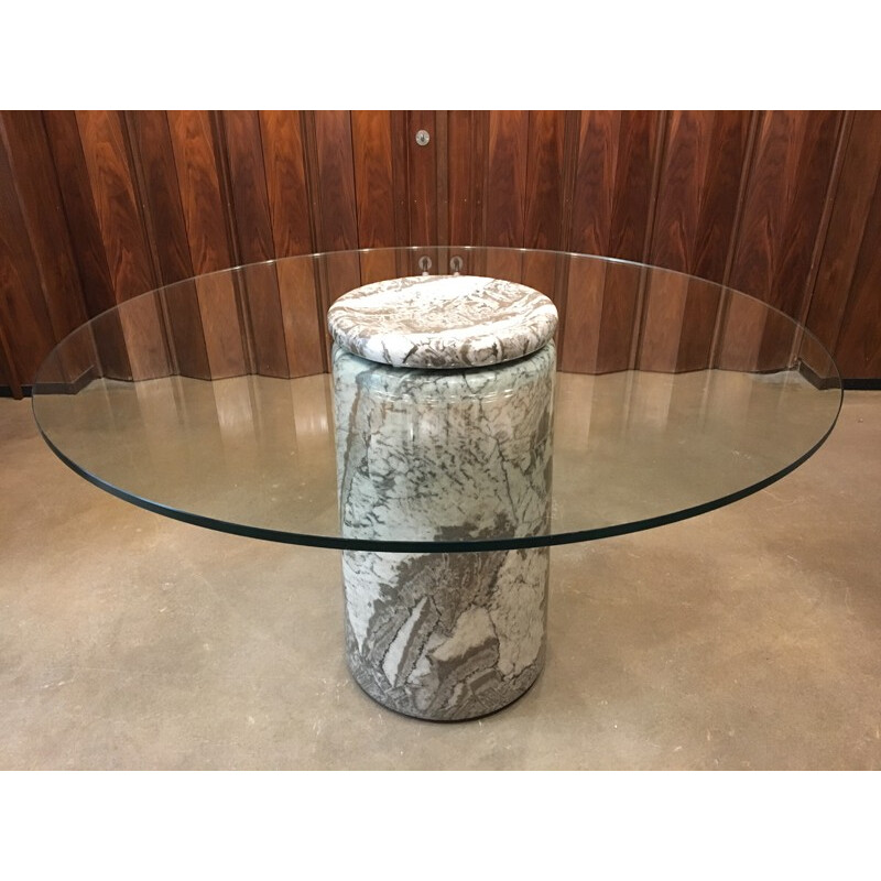 Large Italian Marble Table with Glass Top - 1970s