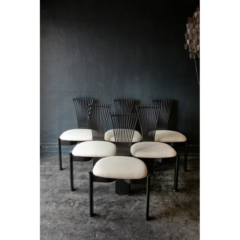 Set of 6 scandinavian dining chairs in wood and white fabric,Torstein NILSEN - 1980s