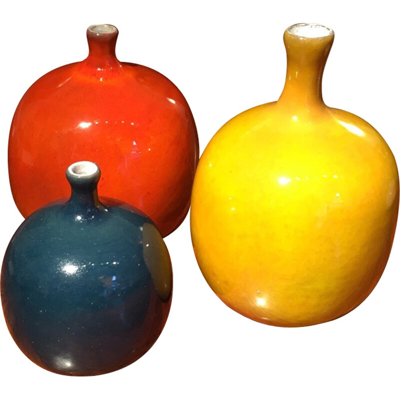 Set of 3 orange Ruelland ceramics - 1950s